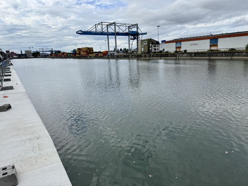 Le bassin du Commerce avec la grue et les conteneurs du Port de Strasbourg de l’autre côté du bassin
